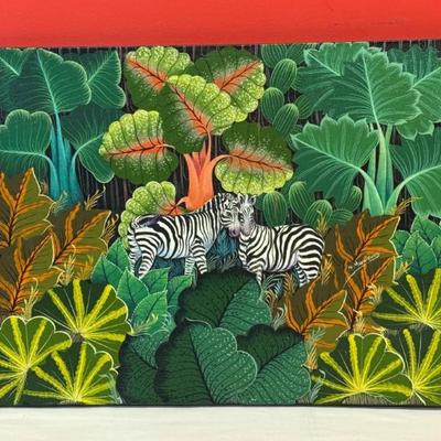 Signed Serge Maniguat (Haiti, 1944 – 1979) Zebra Jungle scene, original oil on canvas, well known and documented Haitian Artist, 16” x 12”
