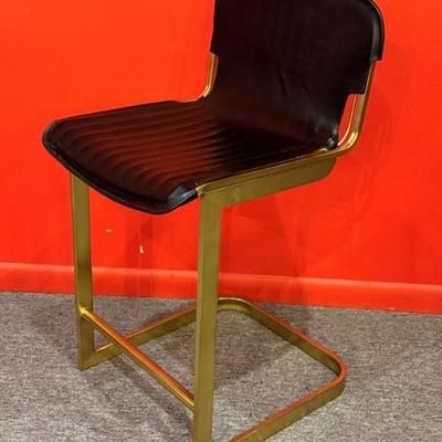 Lenny Kravitz for CB2 Black Leather and Brass Bar Stool, counter height, 19” x 20” x 35”, 24 1/2” seat height