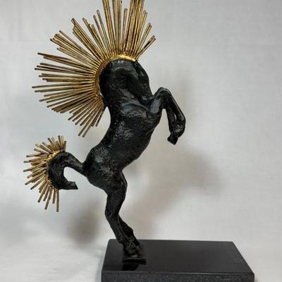 Global Views Mohawk Stallion sculpture, iron on marble base, 11” x 15”