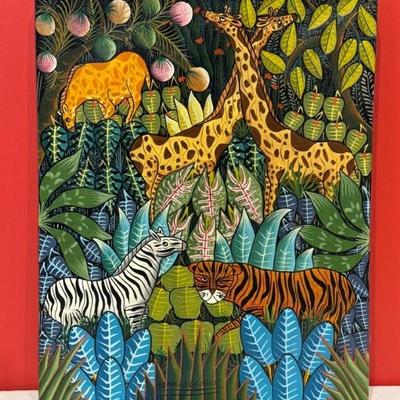Signed Jean Marie Senecharles (Haiti,20C) African Animal Jungle scene original oil on canvas, notable and documented Haitian artist, 16”...