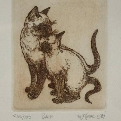 Marsha K Howe “Bath” Siamese cat etching signed and dated M Howe, Limited Edition numbered 102/150, 12 1/4” x 10 1/4”