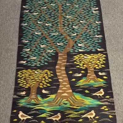 Egyptian handwoven wool tapestry in the style of the Ramses Wissa Wassef school, featuring a "Tree of Life" design with birds,...