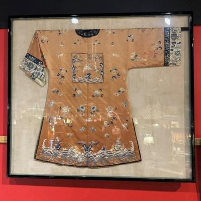 Mounted and framed Qing Dynasty (1644-1912) mangpao (python robe), a prestigious official robe worn by high-ranking civil and military...