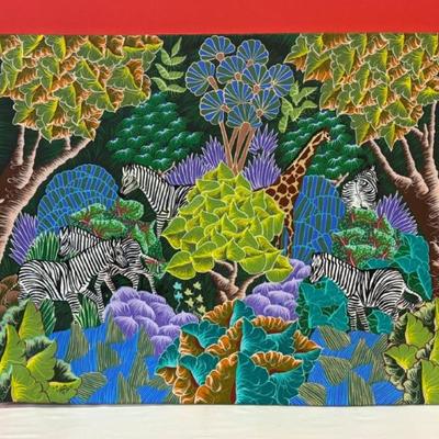 Signed V A Zamour ‘91 Haiti African Animal Forest original oil on canvas, notable and documented Haitian artist, 30” x 24”