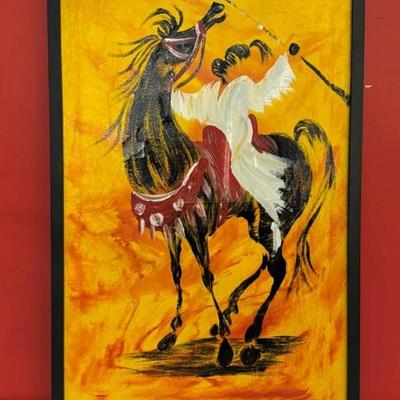 Original Morrocan oil on canvas of horseman, in the style of HASSAN EL GLAOUI Moroccan (b.1924), appears unsigned, 19 1/2” x 29”
