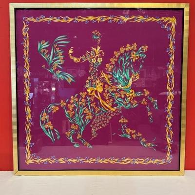 Hermès "Cheval Fleuri" silk scarf in a fuchsia colorway, designed by Henri d'Origny and originally issued in 1962,...
