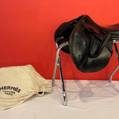 Custom One-of-a-Kind Hermes Sellier 17” Jump saddle, custom dark green piping, stitched “Flash” on left flap, includes folding stand and...
