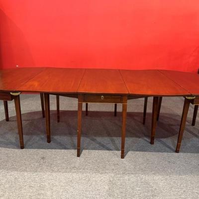 Late 18th c Hepplewhite dining table, solid mahogany top with inlaid veneer apron, center drop leaf with drawer, very versatile table,...