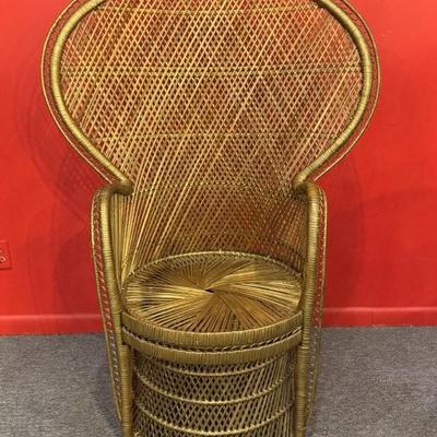 Vintage rattan Emmanuelle/ Peacock chair, painted gold, 38“ x 52“