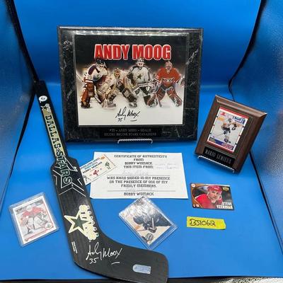 BJ1062 NHL - Andy Moog Signed Plaque/Hockey Stick & More