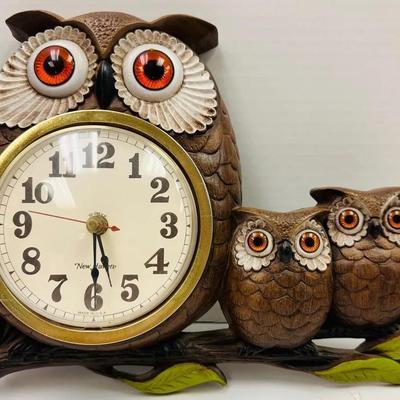 Vintage New Haven Owl Family Clock