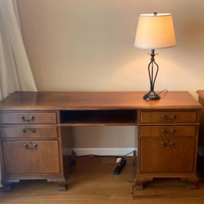 Wood Pedestal Office Desk With Rhodes Lamp