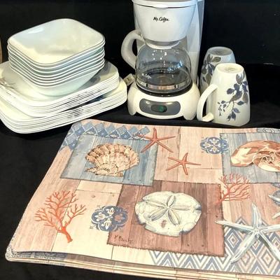 Set Of Corelle Dishes, Mr. Coffee Pot And Placemats 