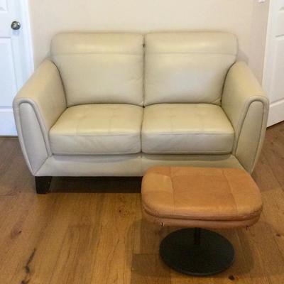 Beige Cream Leather Loveseat Sofa And Light Brown Leather Ottoman