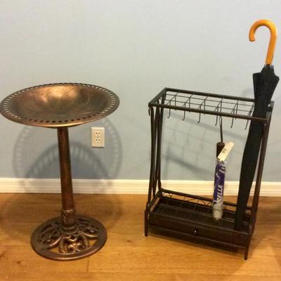 Metal Umbrella Holder Rack, Umbrellas, And Alpine Corp. Bronze Painted Birdbath