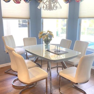 Eclectic White Glass Dining Table With Chairs And Barstool. 