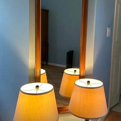 Wood Framed Dressing Mirror And Matching Lamps