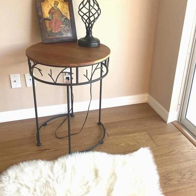 Vintage Sude Table, Byzantine Icon Plaque, Faux Sheepskin Rug And Lamp