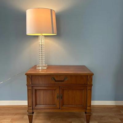 Wooden Nightstand With Glass Table Top Lamp 