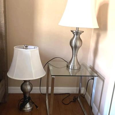 Contemporary Stainless Steel And Glass End Table/2 Brushed Silver Lamps