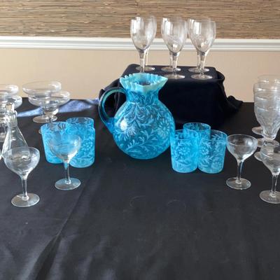 Turquoise Blue Opalescent Daisy and Fern Patterned Beverage Set and Other Clear Drinking Glasses