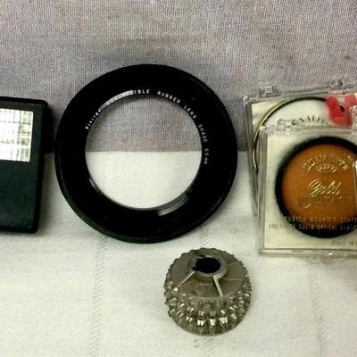 Rolleil 121BC Flash, Vivitar Lens Shade, Ednalite Lens Filters, And Ball Typewriter
