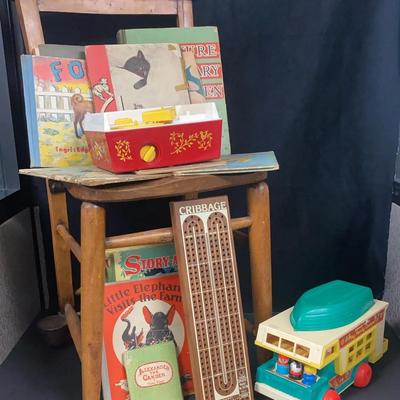 Vintage Childhood Bedroom - FISHER PRICE TOYS, Wooden Church CHAIR, Cribbage & Old School Books
