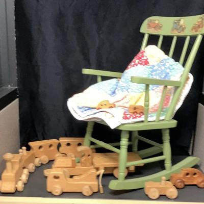 Kids Rocking Chair, Quilt & Wooden Toys Bundle – Nursery/Bedroom Décor Set