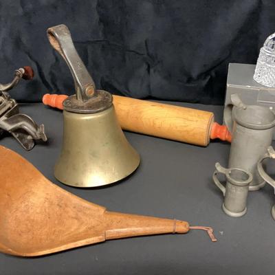 Josef Sichart Tin Cups, Goodell Apple Peeler, Waterford Capitol Paperweight, and Bell With Strap