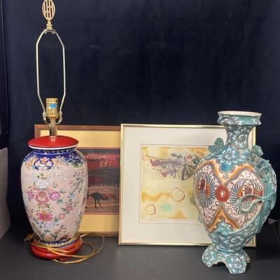 Abstract Art/"Wide Brown Land" by Caroline Sharkey, Majolika Urn And Chinoiserie Lamp