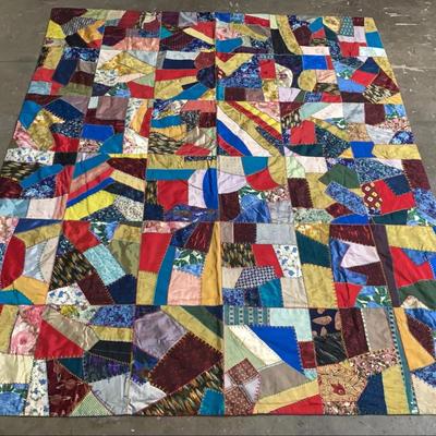 Original HANDMADE CRAZY QUILT Twin Size w/ Many Swatches & Flannel Backing - One of a Kind!