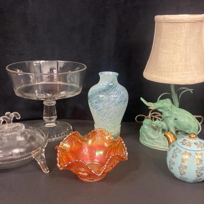 Elephant Lamp, Caithness Glass Vase, Porcelain Teapot And Misc Glassware 