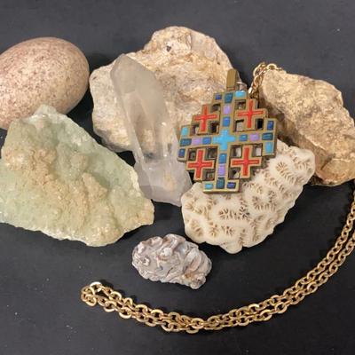 Terra Sancta Guild 1969 BRASS Cross Necklace, RAW CRYSTALS, Geode, Rocks & Coral