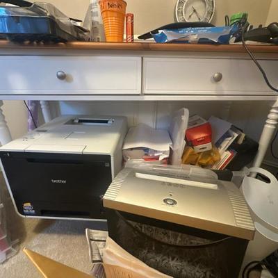 console table, desk, printer, shredder,