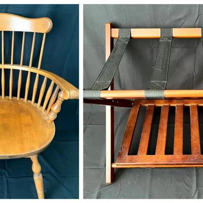 Ethan Allen Maple Comb-Back Windsor Captain’s Chair & Wooden Folding Luggage Rack