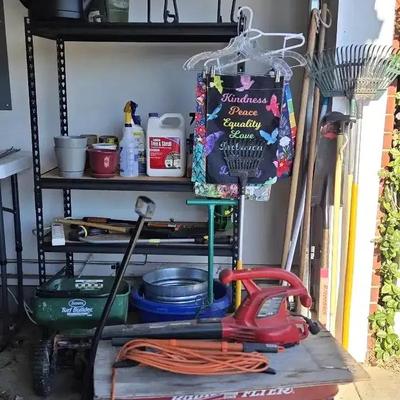 Gardening & Landscaping Collection with Metal Shelving, featuring Red Wagon & Yard Tools