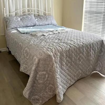 White Metal Bed Frame with Full-Size Mattress, Box Spring & Coordinated Bedding