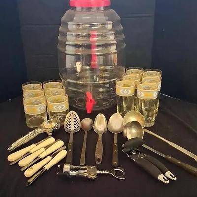 Glass Beverage Dispenser & Coordinated Glassware and Serving Utensil Collection