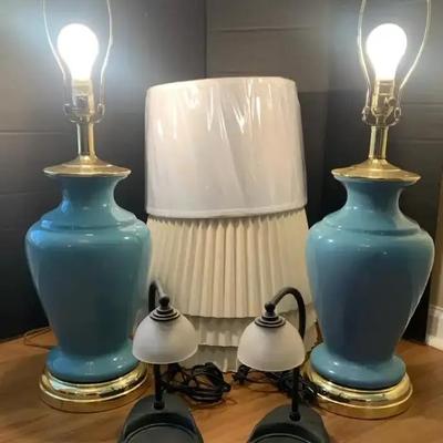 Blue Glass Table Lamps with Brass Bases, Aurora Candle Wax Warmers, and Lampshades