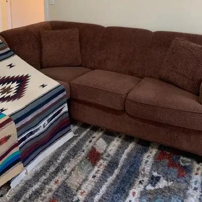 Three-Piece L-Shaped Sofa with Matching Chair & Two Southwest-Style Rugs