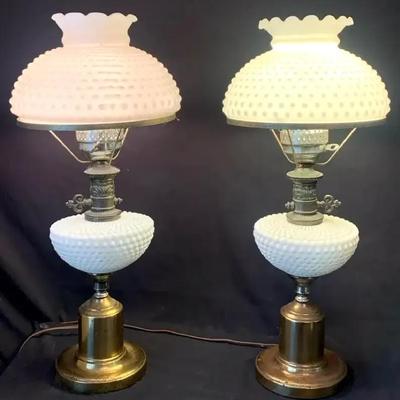 Vintage Hobnail Milk Glass Table Lamps with Brass Bases