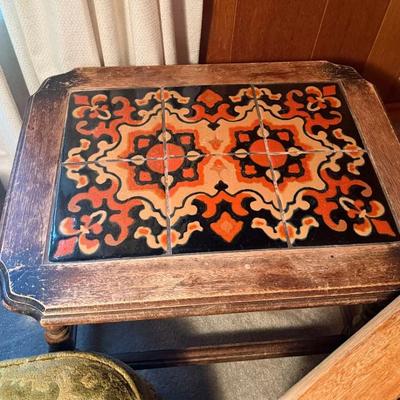 Upholstered foot stool two side tables with tile inlay