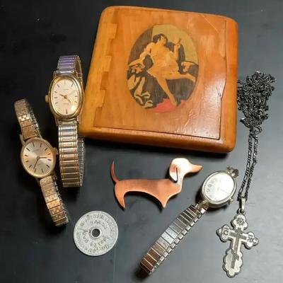 Wood calling card box ladies watches & a sterling necklace