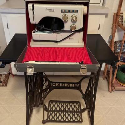 Viking husquavarna sewing machine and antique sewing machine base