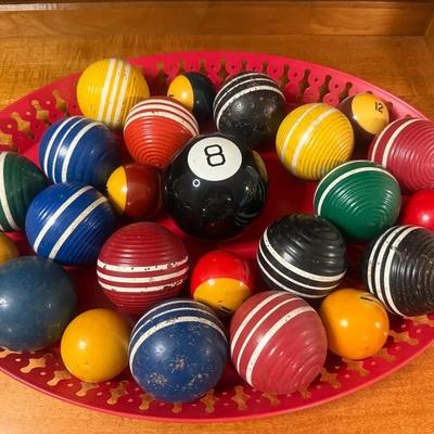 Billiard croquet balls, & magic 8 ball on metal tray