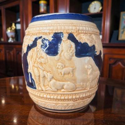 Vintage made in japan blue glazed pottery cookie jar dog scene hunting