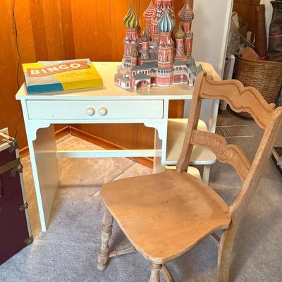 Small white writing desk with chair other items