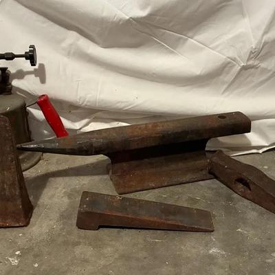 Anvil splitting wedge and vintage fire extinguisher