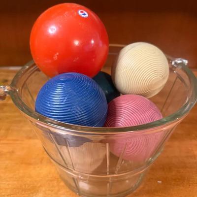 Ribbed croquet balls italian bocce ball in vintage glass ice bucket