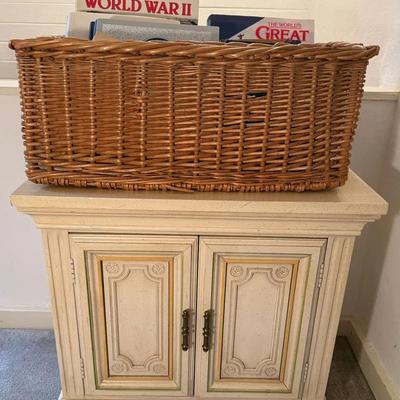 French provincial side table basket of coffee table books